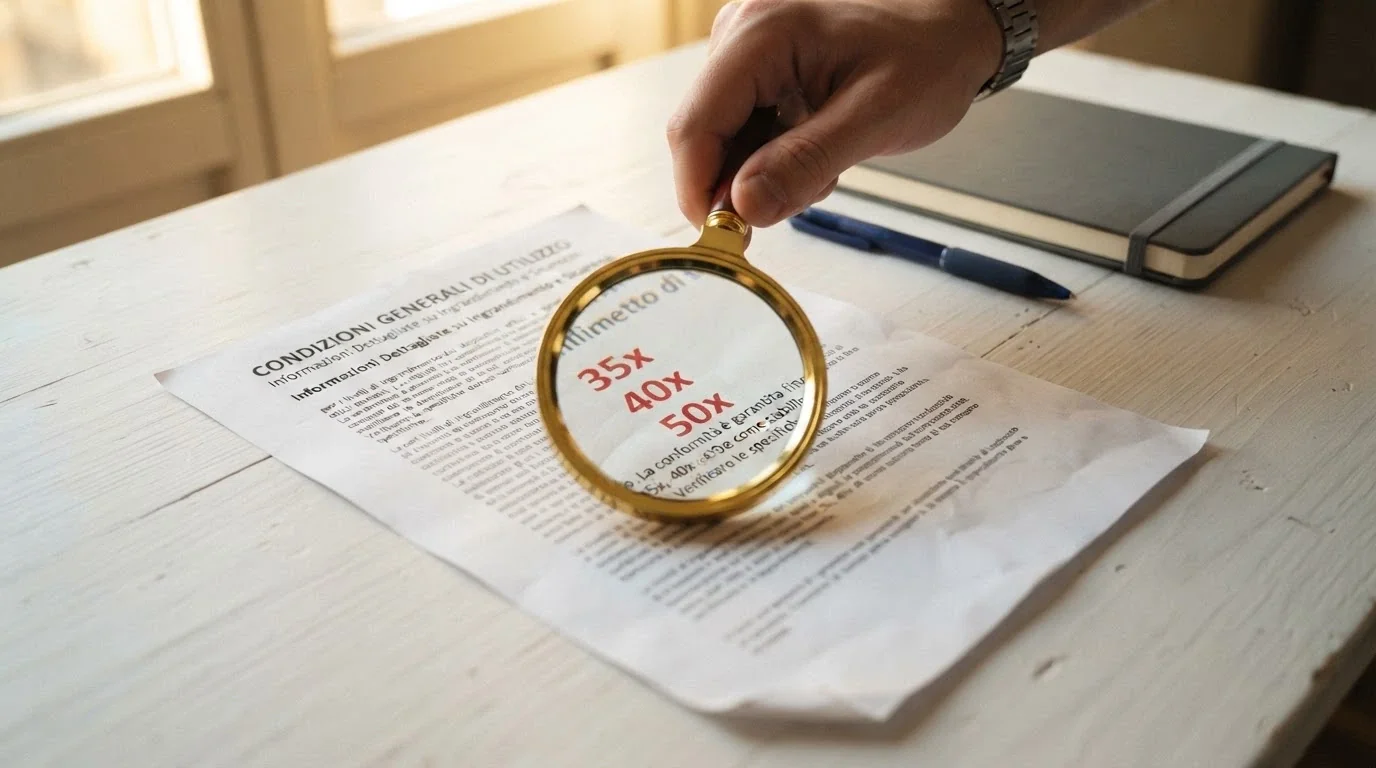 Una lente di ingrandimento sui termini e condizioni di un bonus, con le cifre del wagering (35x, 50x) evidenziate in rosso