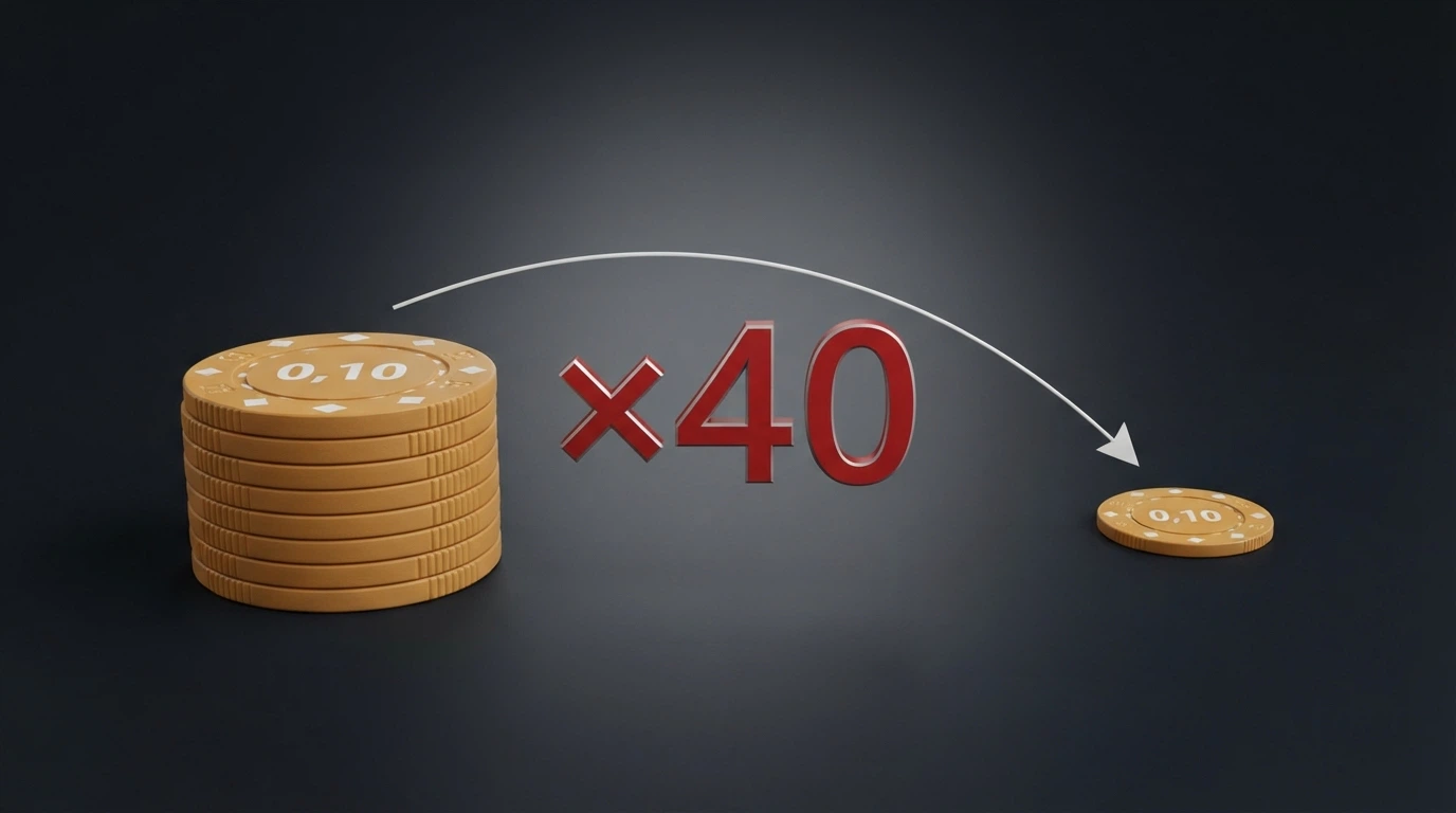 Un'illustrazione concettuale: una pila di fiches da 0,10€ accanto a un moltiplicatore «×40» in rosso, con una freccia che punta a una pila molto più piccola