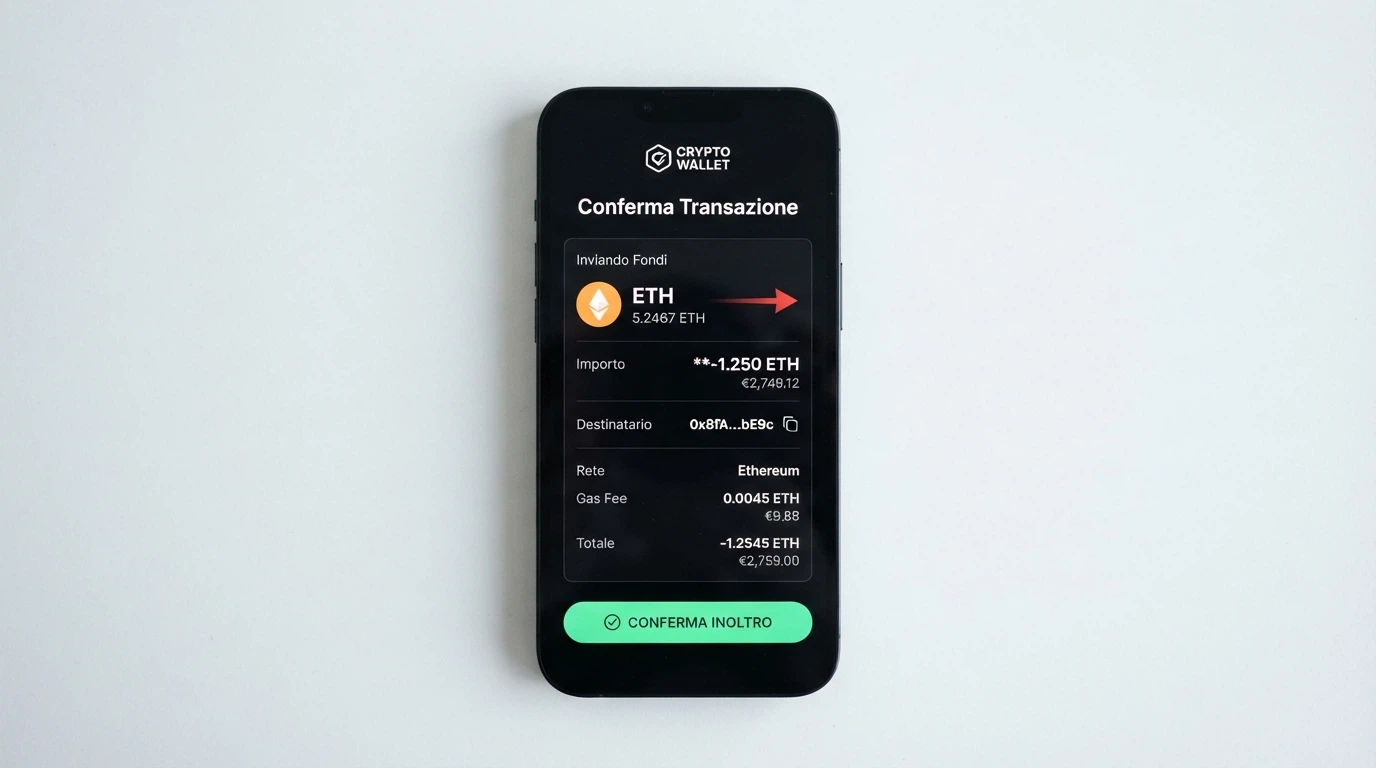 Interfaccia di un wallet crypto non custodial con transazione in uscita verso un casinò